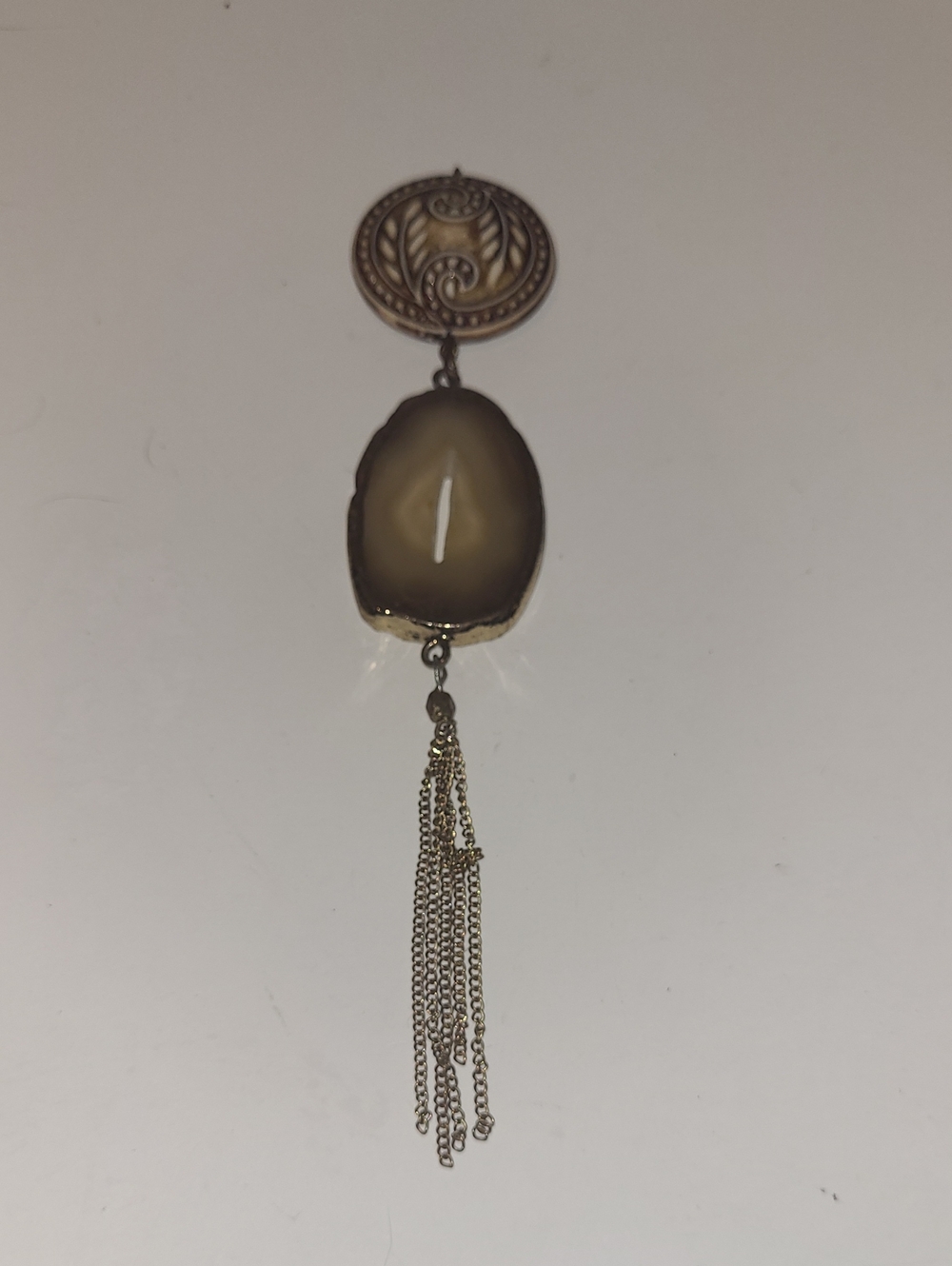 Gold-Tone Cream Agate Drop Brooch with Chain Tassel